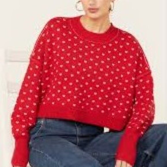 Free People Easy Street Red Patterned Crew Neck Cropped Sweater SZ M - NWT - Picture 3 of 11
